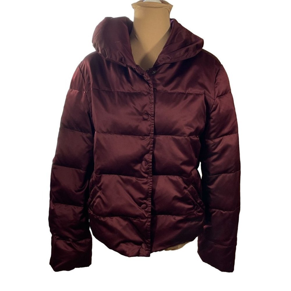Ann Taylor Down Filled Jacket Coat Maroon Full Zip (READ FLAW) Size L Large